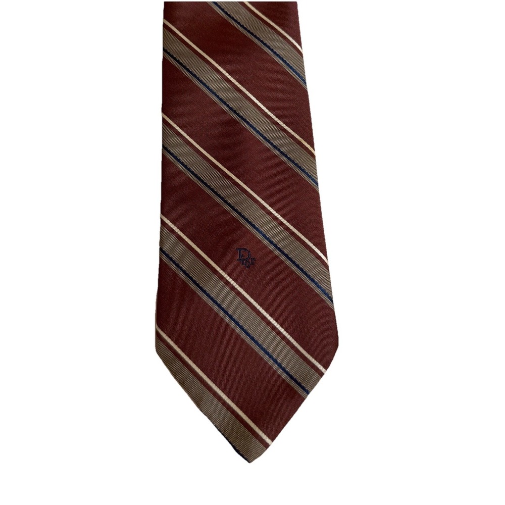 Vintage Christian Dior Burgundy Gray Blue White Stripe Silk Neck Tie 57" Classic